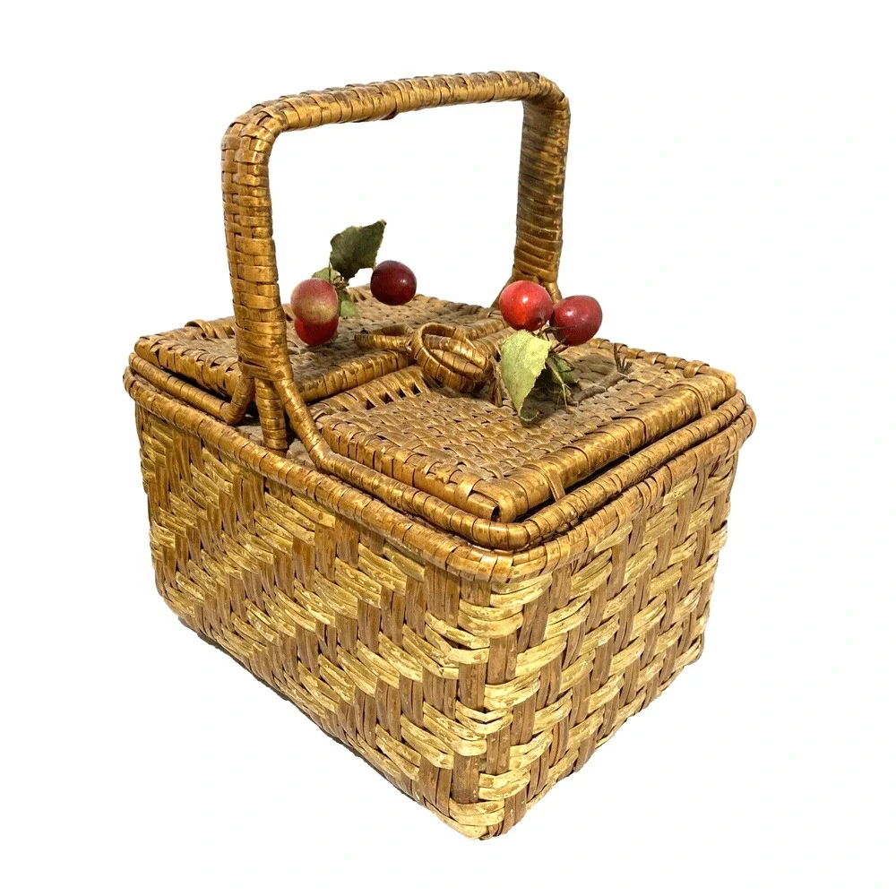 Vintage Woven Market Basket Small Split Lid Top Handle Carrier Wicker & Fruit